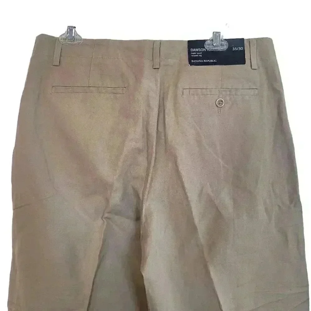 Banana Republic Men's Tan Linen/Cotton Dawson Flat Front Relaxed Leg Lower Waist